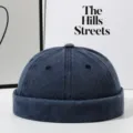 Retro denim docker cap for men and women, washed cotton plain street style retro skull hat main - Adjustable / Navy Blue
