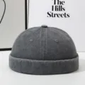 Vintage washed denim docker cap, retro roll-up brimless beanie, casual street fashion hat. - Adjustable / Light Gray
