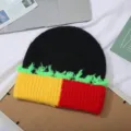 Vista detallada del gorro de punto colorblock de cuatro colores, gorro cálido invierno. - Talla única / Dorado Rojo Negro