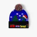 Christmas LED knit beanie hat for adults, cute dinosaur and tree pattern with warm pom pom. - Blue Dinosaur