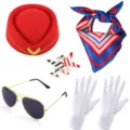Conjunto disfraz azafata sombrero rojo bufanda azul gafas de sol aviador guantes blancos - Talla única / Conjunto de broches de rayas rojas