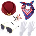 Set de accesorios de disfraz de azafata gorro bufanda gafas broche guantes para fiesta - Talla única / Conjunto de broches de rayas vino tinto