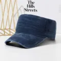 Vintage washed denim flat top cap for men, stylish summer sun shade military hat. - Navy Blue