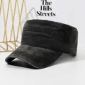 Vintage Washed Black Flat Top Cap Men Summer Casual Sunshade Cadet Hat Retro Cotton - Black