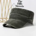 Vintage gewassen verweerde flat top pet voor heren, casual katoenen militaire cadet hoed. - Legergroen