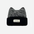 Bonnet tricoté oreilles de chat noir gris hiver chaud bonnet en laine douce revers - M (56-58cm) / Noir