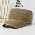 Vintage Washed Cotton Flat Top Cap Casual Solid Color Sun Hat for Men Summer Outdoor - Khaki