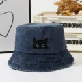 Χαριτωμένο καπέλο bucket denim με μαύρη γάτα για γυναίκες και άνδρες, καπέλο ηλίου. - Ναυτικό μπλε