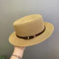 Stylish straw boater hat with brown belt for women beach summer vacation styling - M (56-58cm) / Light Coffee and Coffee Leather Belt