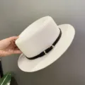 Stylish white flat-top straw hat with black belt buckle, perfect for summer beach and vacation. - M (56-58cm) / White and Black Leather Belt
