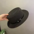 Black straw flat top hat with leather belt buckle summer beach sun hat fashion women hat - M (56-58cm) / All Black Leather Belt