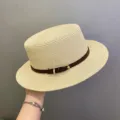 Women's flat top straw hat summer beach sun protection fedora with brown belt fashion chic - M (56-58cm) / Beige and Coffee Leather Belt