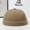Vintage washed cotton brimless dockser cap, retro casual solid color street fashion hat. - Adjustable / Khaki