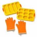 Stampo in silicone per baguette a 4 fessure e pane a 9 con 2 guanti da cucina resistenti - Set giallo arancio / Verde chiaro