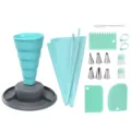 Collapsible piping bag holder set with stainless steel tips and cake decorating scrapers for baking. - Sky Blue