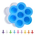 Silikon 7-Loch Eiswürfelbehälter Babynahrungsform mit bunten Eis am Stiel Stäbchen für DIY. - 9-farbige Eis am Stiel + blaue Basis (ohne Deckel)