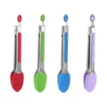 Stainless steel mini food tongs with silicone grips, set of four colorful kitchen BBQ tools. - Bullet Tip / Green