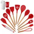 12-piece silicone kitchen utensil set with wooden handles, durable non-stick cooking tools for baking. - 12-Piece Set with Storage Bucket and Color Box / Red