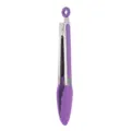 9 inch stainless steel food tongs with purple silicone grips for BBQ and kitchen cooking. - Purple