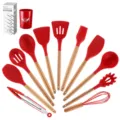 12 piece red silicone kitchen utensil set with wood handles for baking and cooking - 11-Piece Set with Storage Bucket and Color Box / Red