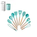 Silicone kitchen utensil set with wooden handles, mint green cooking tools storage. - 11-Piece Set with Storage Bucket and Color Box / Green