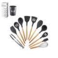 12-piece silicone kitchen utensil set with wooden handles, spatula, and storage holder - 11-Piece Set with Storage Bucket and Color Box / Gray
