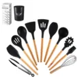 Ensemble de 12 ustensiles de cuisine en silicone avec manches en bois pour la cuisson. - Ensemble de 11 Pièces avec Seau de Rangement et Boîte en Couleur / Noir