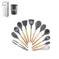 Set de 12 ustensiles de cuisine en silicone avec manches en bois pour pâtisserie. - Ensemble de 12 Pièces avec Seau de Rangement et Boîte en Couleur / Gris