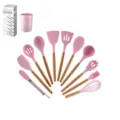 Set de 12 ustensiles de cuisine en silicone avec manches en bois, accessoires roses. - Ensemble de 11 Pièces avec Seau de Rangement et Boîte en Couleur / Rose