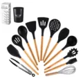 Ensemble de 12 ustensiles de cuisine en silicone avec manches en bois noir, avec seau et boîte. - Ensemble de 12 Pièces avec Seau de Rangement et Boîte en Couleur / Noir