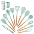 Ensemble d'ustensiles de cuisine en silicone manche en bois 12 pieces ustensiles verts - Ensemble de 12 Pièces avec Seau de Rangement et Boîte en Couleur / Vert Aquatique