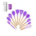 Ensemble d'ustensiles de cuisine en silicone violet avec manches en bois, 12 pièces pour pâtisserie. - Ensemble de 11 Pièces avec Seau de Rangement et Boîte en Couleur / Violet