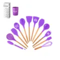 Ensemble de 12 ustensiles de cuisine en silicone avec manches en bois et seau. - Ensemble de 12 Pièces avec Seau de Rangement et Boîte en Couleur / Violet