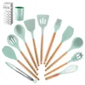 Ensemble de 12 ustensiles de cuisine en silicone avec manches en bois, outils de cuisson. - Ensemble de 11 Pièces avec Seau de Rangement et Boîte en Couleur / Vert Aquatique