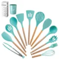 Ensemble de 12 ustensiles de cuisine en silicone avec manches en bois, spatule, cuillère ajourée. - Ensemble de 12 Pièces avec Seau de Rangement et Boîte en Couleur / Vert