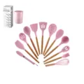 Ensemble de 12 ustensiles de cuisine en silicone avec manches en bois, rose et pratique. - Ensemble de 12 Pièces avec Seau de Rangement et Boîte en Couleur / Rose