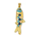 Close-up detail of a vibrant multi-color enamel fish pendant, golden brass DIY accessory. - Blue