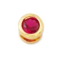 Close-up detail of round gold-plated birthstone charm bead with sparkling red cubic zirconia. - July (Red)