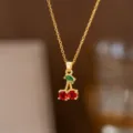 Elegant wine red cherry pendant necklace with gold chain and sparkling zircon stones - [7077] Red Rhinestone Cherry Necklaces [Gold]