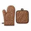 Leopard print oven mitt and square pot holder set for heat resistant kitchen baking - Dark Coffee Leopard