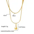 Minimalist double-layered gold stainless steel necklace with water drop pendant and dimensions - Double Layer Long Water Drop Necklace / Gold