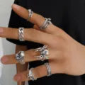 Gothic vintage silver punk ring set featuring detailed spider skull and snake designs - 7Pcs Dark Punk Style (33623-ring-S)