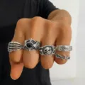 Vintage gothic punk skull and spider ring set for Halloween dark aesthetic accessories - 5Pcs Vintage Punk Style (33624-ring-S)