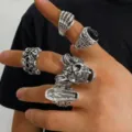 Retro gothic skull ring set for Halloween dark punk style stacking jewelry accessory - 5Pcs Dark Coffin Skull Style (33629-ring-S)