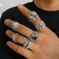 Vintage punk skull and animal rings set for Halloween dark gothic stacking style accessories - 6Pcs Dark Gothic Style (33622-ring-S)