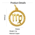 Gold plated copper Virgo zodiac sign pendant detail view, 21x15mm, lightweight charm. - Virgo