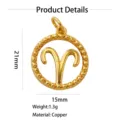 Close-up view of the gold-plated brass Aries pendant, displaying clear dimensions and sizing. - Aries