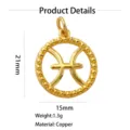 Pisces zodiac pendant detail shot, gold plated copper, beaded round frame, 21x15mm size. - Pisces