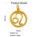 Leo zodiac sign pendant in 18k gold plated brass, stylish detail view showcasing 21x15mm size. - Leo