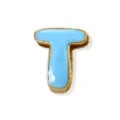 Close-up detail of a light blue enamel letter T pendant with gold plating, dopamine style. - 18K Gold / Letter T